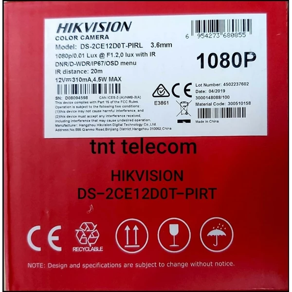 HIKVISION IP CAMERA  DS-2CE12DOT-PIRL 3.6mm PIR Visual Alarm Camera Outdoor 2MP